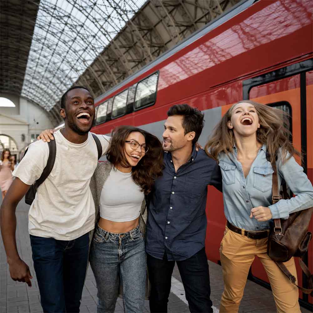 Happy Travellers A diverse group of happy travellers at the railway station